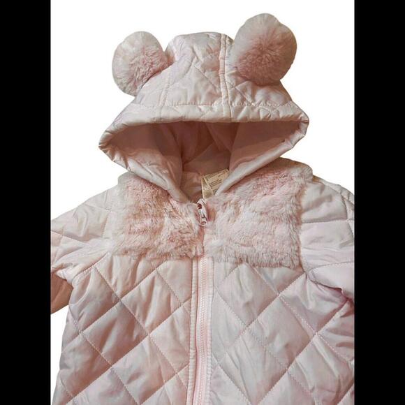 First Impressions Quilted Faux Fur Detachable Footed Hood Snowsuit Baby Pink 12M - Picture 5 of 8
